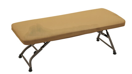 A compact ironing board with a foldable design and padded cover, displayed prominently in the center of a transparent background for a clean and practical appearance 