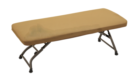 A compact ironing board with a foldable design and padded cover, displayed prominently in the center of a transparent background for a clean and practical appearance 