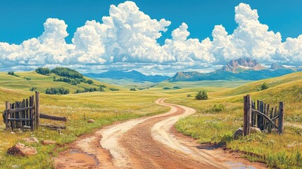 Winding dirt road through mountain valley, sunny day.  Use Travel, landscape photography