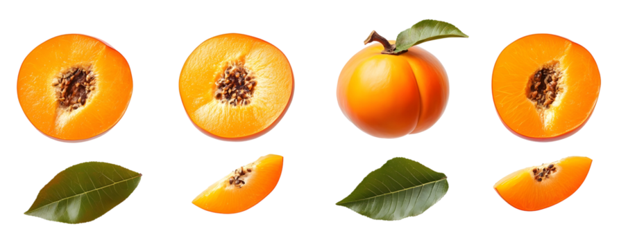 Apricots Halved and Sliced with Leaves Isolated on a Transparent Background