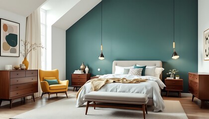Mid Century Modern Bedroom Design Teal Walls Wooden Furniture