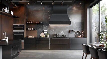 Modern Kitchen with Black Cabinetry and Marble Backsplash
