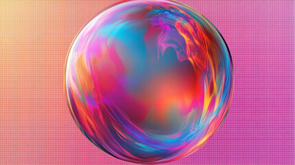 Obraz premium iridescent sphere digital art with colorful gradient on gridded background in vibrant psychedelic style featuring abstract and swirling design elements for modern visual appeal