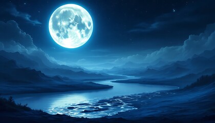 Serene Moonlit River Landscape Night Scene
