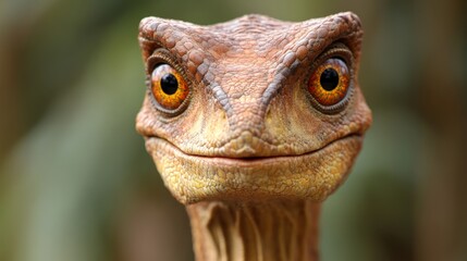 Curious Dino Close-Up: An adorable, intricately detailed baby dinosaur model, with expressive orange eyes and a friendly demeanor, stares directly at the camera.