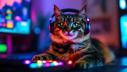 Gamer Cat Wearing Headphones in Neon Room