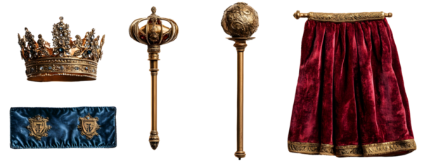 Ornate gold crown, scepter, orb, and velvet robe isolated on a transparent background.