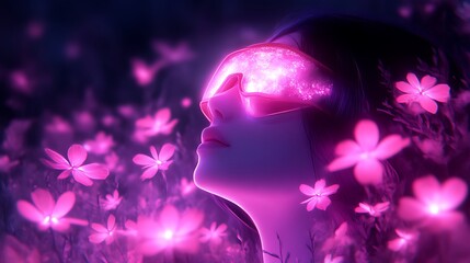 Woman wearing glowing headset amidst pink flowers