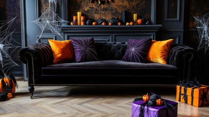 Spooky Halloween Living Room Decor: Velvet Sofa, Orange and Purple Accents, and Festive Pumpkins