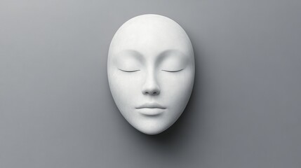 The Mask of Tranquility: A stark white plaster mask, its eyes closed in a serene state of repose, evokes a sense of peaceful stillness against a minimalist grey background. Its smooth.