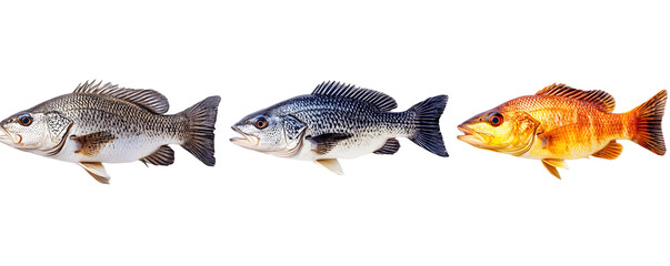 Fototapeta premium Three types of fish in various colors swimming isolated on a transparent background.
