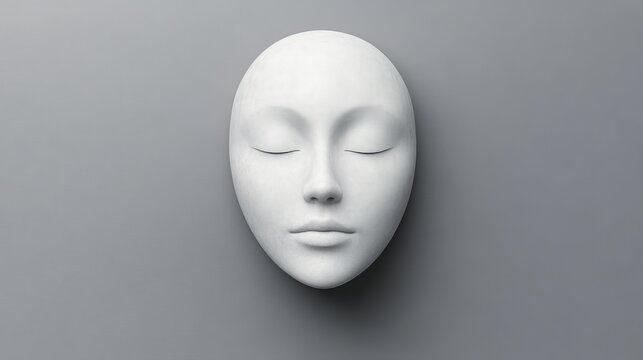 The Mask of Tranquility: A stark white plaster mask, its eyes closed in a serene state of repose, evokes a sense of peaceful stillness against a minimalist grey background. Its smooth.