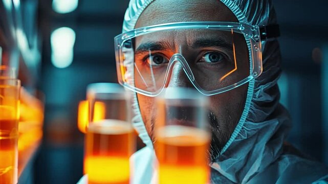 Scientist Examining Samples: A focused scientist in protective gear intently examines a row of glowing amber liquid samples in a high-tech laboratory setting.