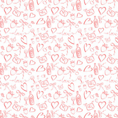 Valentine's Day Seamless Pattern. Hand-Drawn elements, doodle,  red background. Gift wrapping paper design