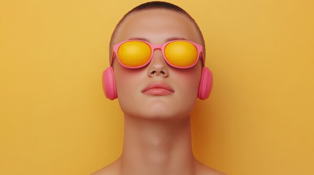Bold & Bright: A stylish, androgynous model with a shaved head gazes serenely upward, wearing oversized, bright yellow sunglasses and playful pink earmuffs against a vibrant yellow backdrop.