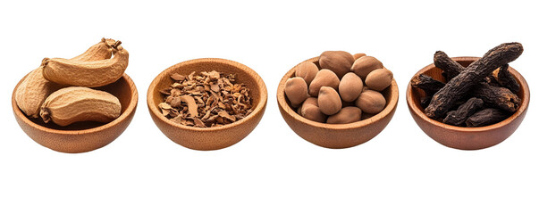 Obraz premium Four wooden bowls filled with various dried spices and herbs, isolated on a black background.