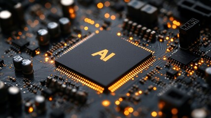 Obraz premium Close-up of a black circuit board featuring an AI chip with glowing elements, showcasing technology's advancement