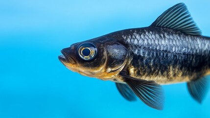 Fototapeta premium Black Goldfish Close-Up: A captivating close-up of a black goldfish with striking black scales and a piercing gaze, swimming effortlessly against a vibrant blue background.