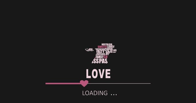 Social issues concept animation. Progress or loading bar and queen or princess head icon filled with tags cloud. Love loading