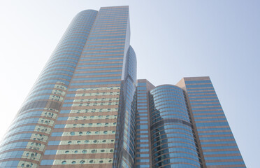 Skyward view of modern office buildings in Hong Kong