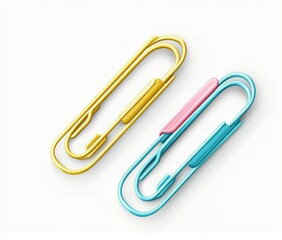Two colorful paperclips, gold and teal with pink accent, isolated on white background.