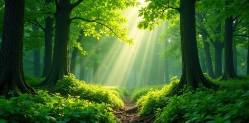 Obraz premium Overgrown forest floor with saffron and green light filtering, trees, sunlight, abstract