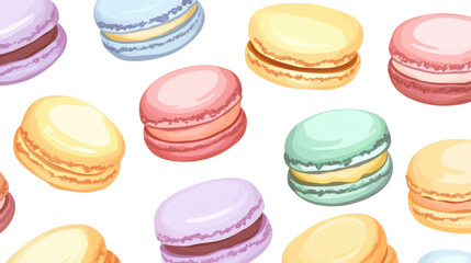 Obraz premium Colorful Macarons Pattern on a Black Background, Featuring Various Flavors Like Vanilla, Strawberry, Pistachio, and Lavender, Ideal for Culinary and Dessert Designs