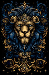 A lion with a crown on its head and blue and gold colors. The lion is surrounded by a lot of gold and blue decorations