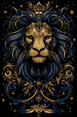 A lion with a crown on its head and a blue eye. The lion is surrounded by stars and has a gold trim