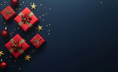 Christmas Gift Boxes with Red and Gold Decorations on Dark Blue Background