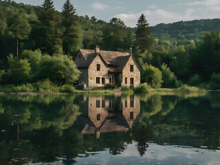 Obraz premium Rustic Stone Farmhouse by the Lake: A rustic stone farmhouse by a calm lake, reflecting the house in the water, surrounded by lush greenery and tall trees. 