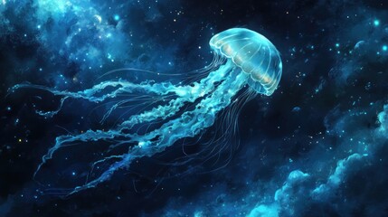 Fototapeta premium A luminous jellyfish floats amidst a backdrop of cosmic clouds and starlight