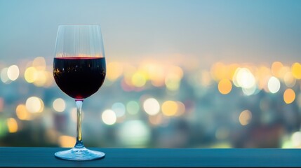 Relax with a glass of red wine as colorful city lights twinkle against the night sky in a scenic urban setting