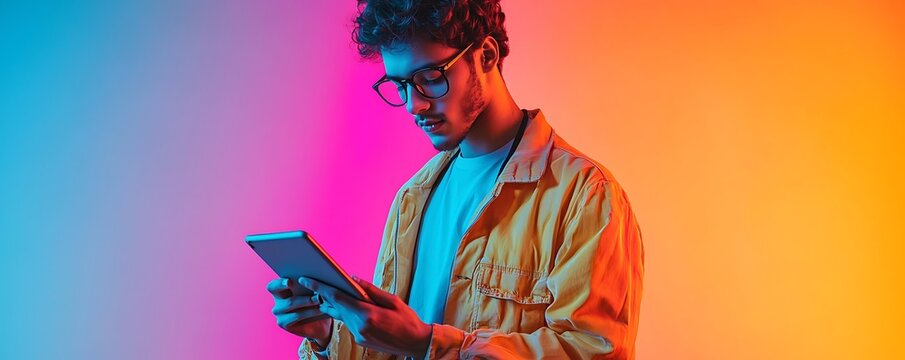Young man in glasses, isolated on a gradient neon-lit background, using a tablet in a scene that blends technology with vibrant youth culture.