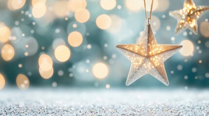 Decorative star ornaments dangle gracefully in a winter wonderland, illuminated by warm bokeh lights adding a festive touch