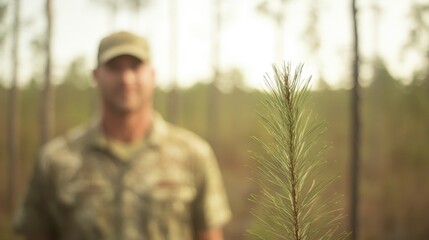 Obraz premium An individual dedicates efforts to reforestation by planting a young pine tree in a forested area during daylight hours