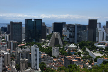 Obraz premium Wide view of the city center of Rio, including the Cathedral, from the Parque das Ruínas cultural center, Santa Teresa neighborhood, Rio de Janeiro, Brazil