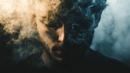 Mysterious man in smoke, half hidden in fog and obscured by steam.