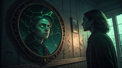 Surreal Reflection of Jealousy in a Glowing Mirror