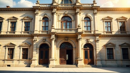 A grand architectural structure with classical design elements, featuring symmetrical facades, arched doorways, and numerous windows, bathed in sunlight