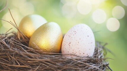 Obraz premium A nest containing golden and speckled eggs is set against a blurred, green background, showcasing a peaceful natural environment