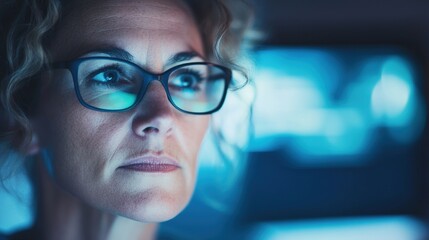 Fototapeta premium A professional woman concentrates intently at her dual monitors, illuminated by soft blue lighting in a dark workspace at night