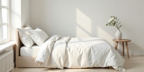 Serene Minimalist Bedroom with Soft White Bedding and Simple Wooden Side Table