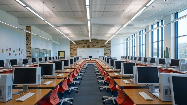 A tidy, empty computer lab hints at opportunities for learning and creativity within technology.