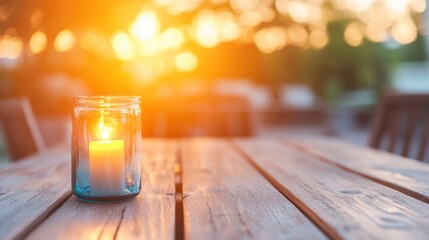 A lantern with a flickering candle sits on a rustic wooden table in a garden, illuminated by the soft glow of the setting sun