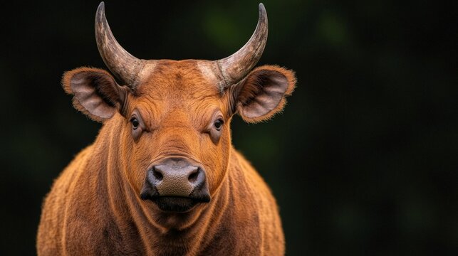 Red Forest Ox Portrait: A striking close-up portrait of a red forest ox, its rich, reddish-brown coat and distinctive horns sharply contrasting against a dark, moody background.