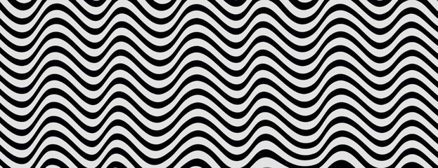 Wavy black and white background with a retro style. The background features bold black and white stripes creating a dynamic, flowing texture. Psychedelic pattern background vector. Black background.