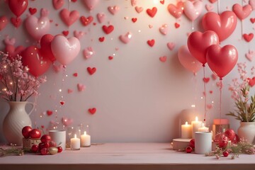 empty table background with valentines day decorations of focus for product display montage with copy space