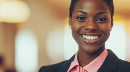 Receptionist greets arriving guests with enthusiasm and a warm smile in a well-lit hotel lobby during the day