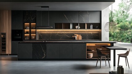 Sleek dark kitchen with marble accents, island, and modern design For Luxurious and stylish Concept.